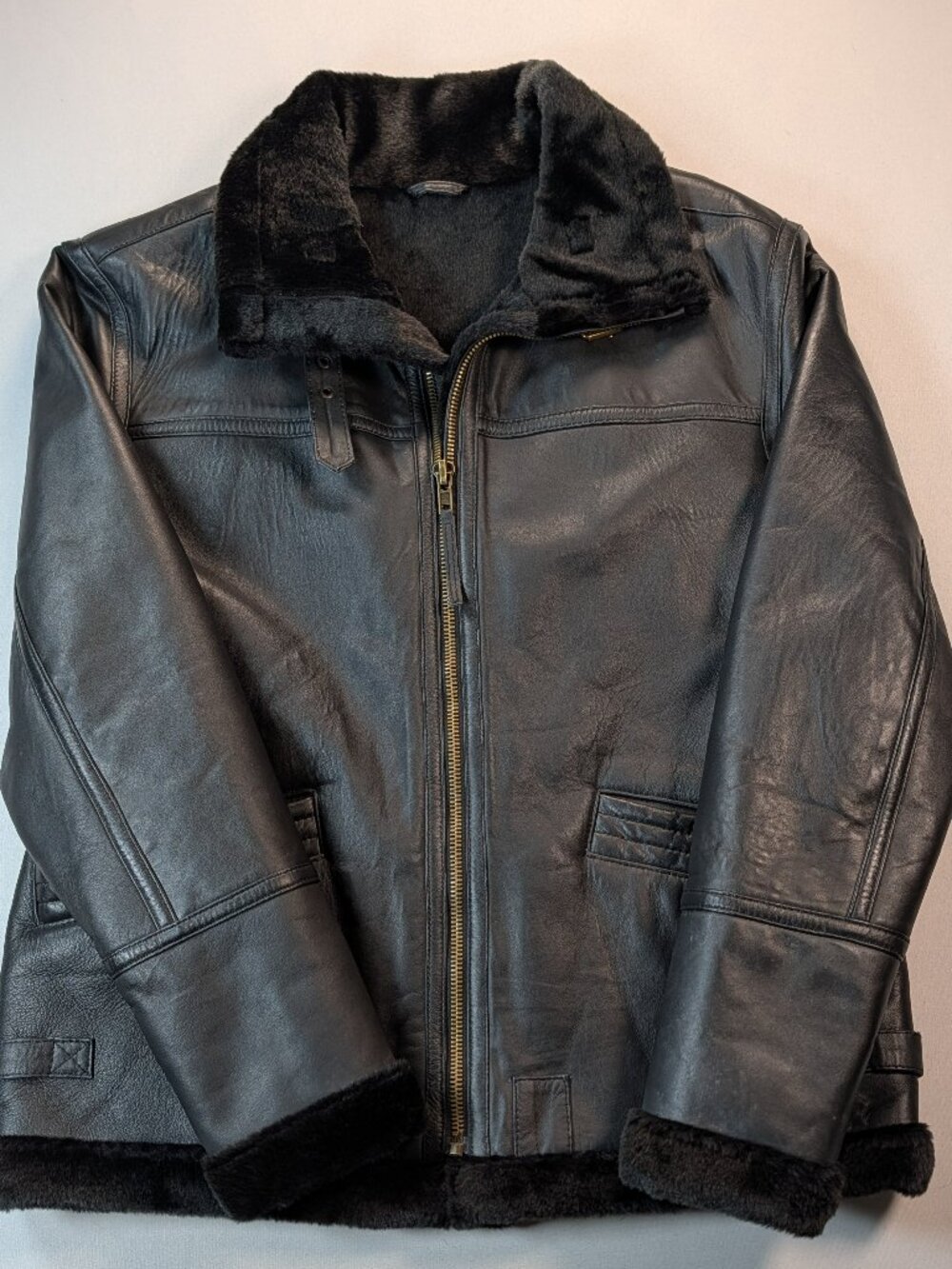 Heavyweight Black Leather Jacket Plush Lined Collar Size M
